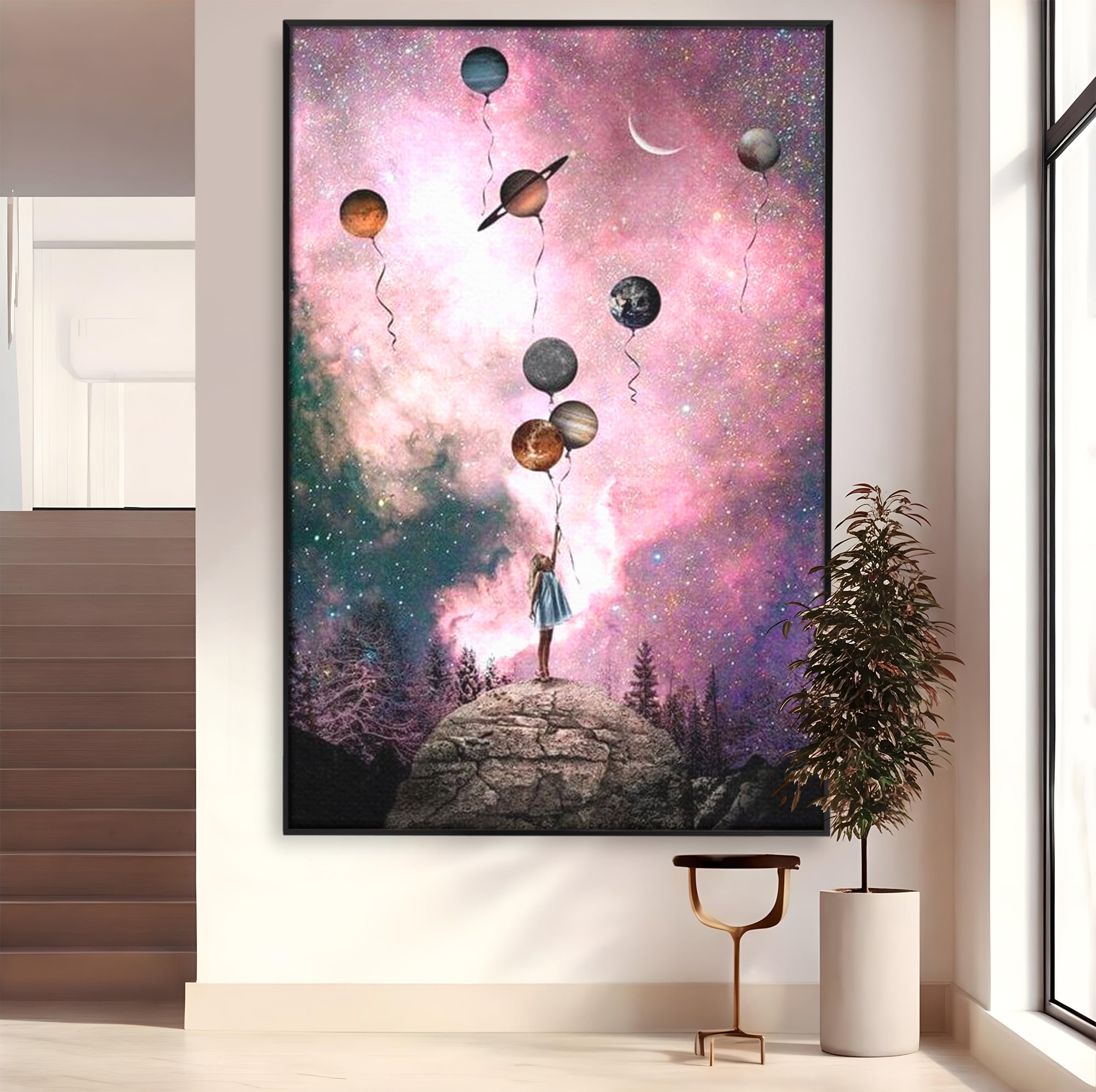 Tablou canvas cu ilustratie fetita tinand baloane planete, in rama de aluminiu negru